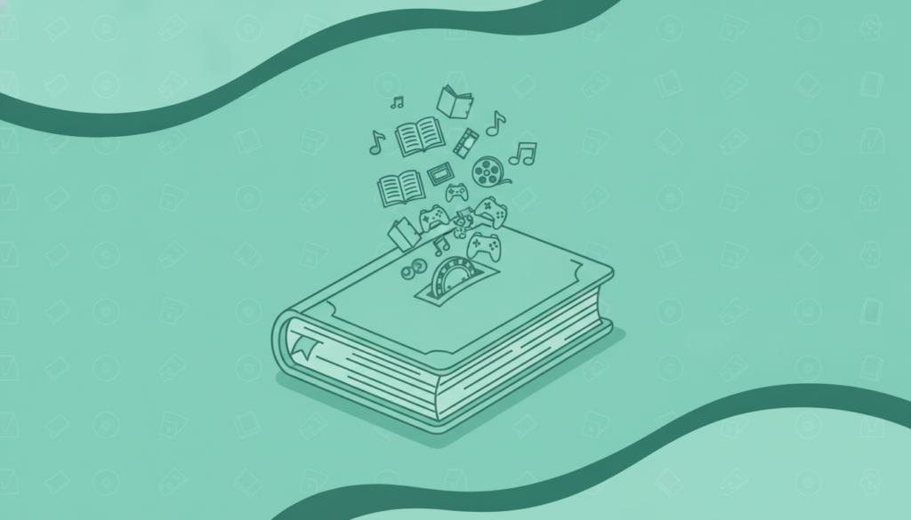 Ilustración de una hucha en forma de libro con monedas y objetos de ocio, simbolizando cómo ahorrar dinero en ocio.