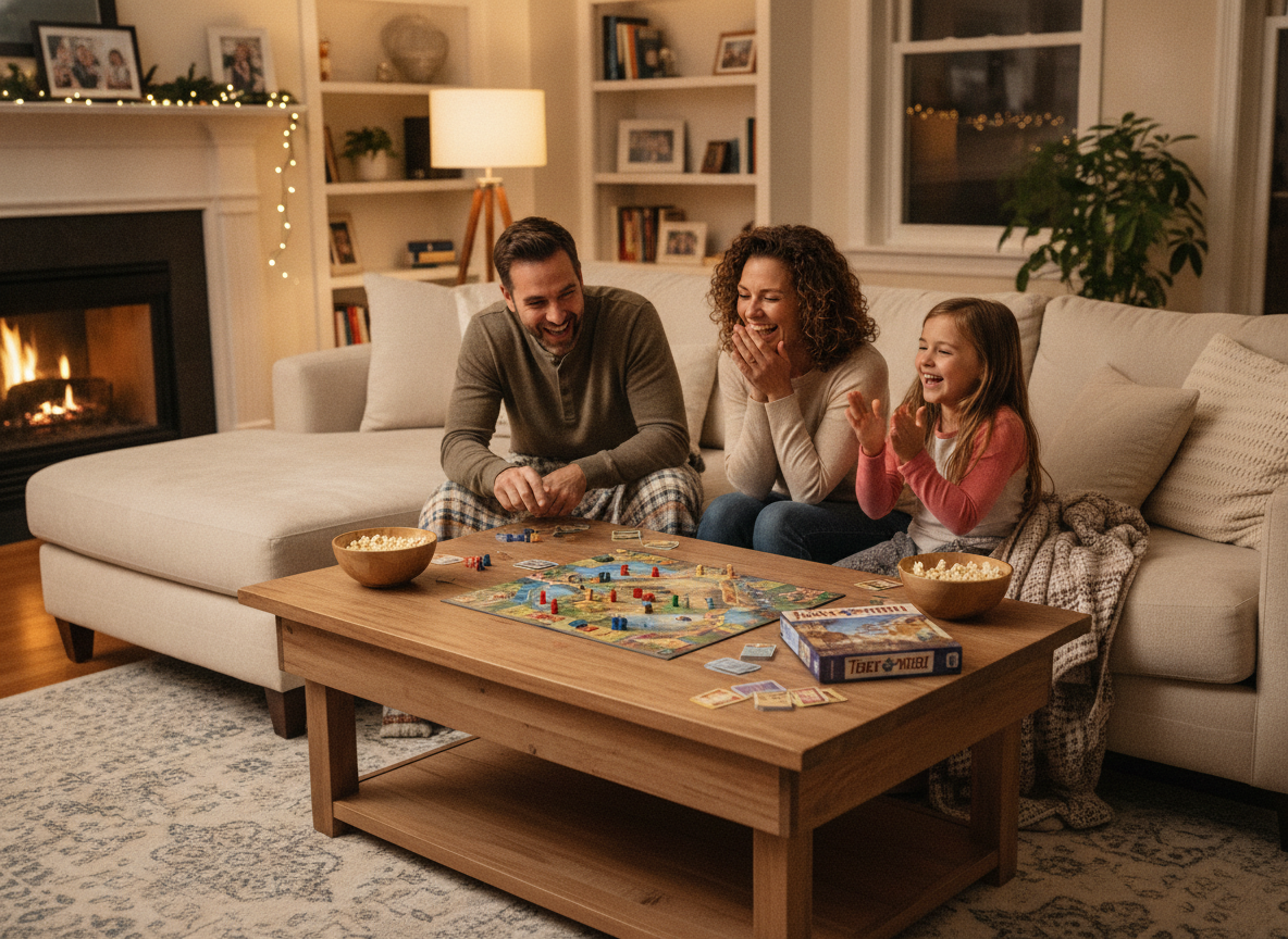 Familia jugando a un juego de mesa en el sofá, disfrutando de un momento de entretenimiento en casa.