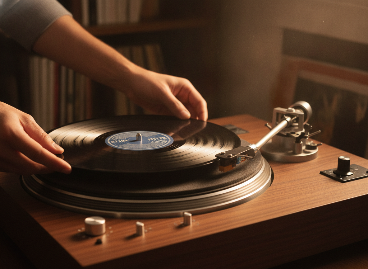 Una persona colocando un disco de vinilo en un tocadiscos.