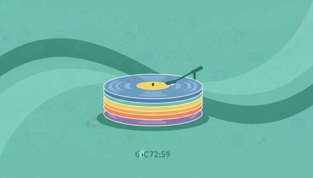 Ilustración de una pila de discos de vinilo esenciales de colores, un brazo de tocadiscos y notas musicales de fondo.
