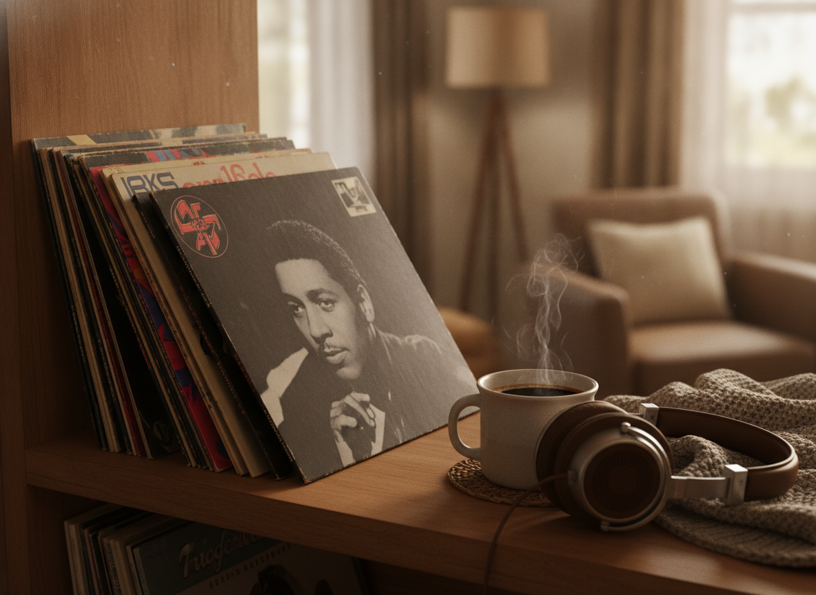 Pila variada de discos de vinilo clásicos en una estantería.