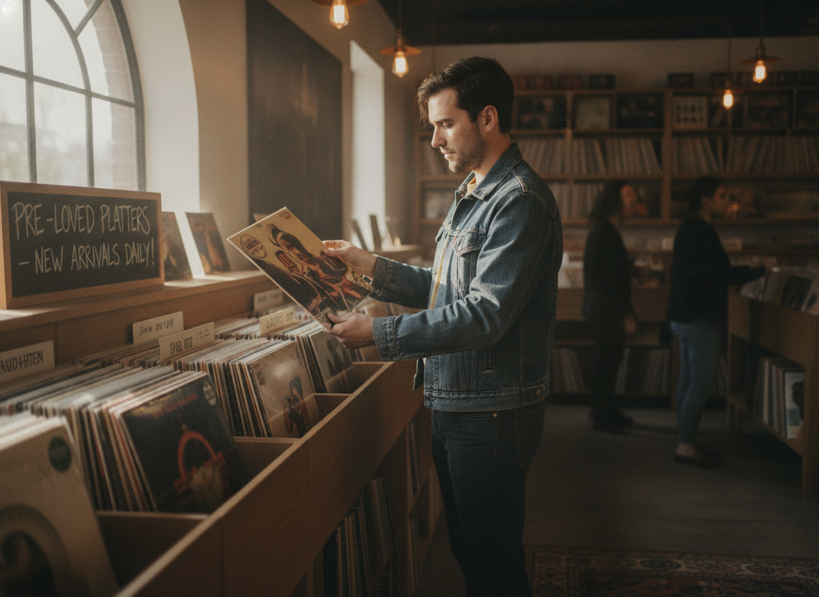 Persona examinando discos de vinilo de segunda mano en una tienda.