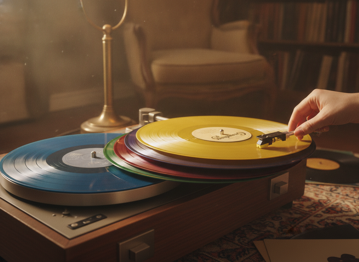 Una pila de discos de vinilo coloridos en un tocadiscos vintage con una mano poniendo la aguja.