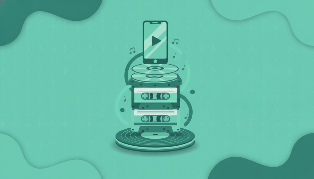 Ilustración vectorial que representa la evolución de los formatos de música, con vinilos, casetes, CDs y un móvil para streaming.