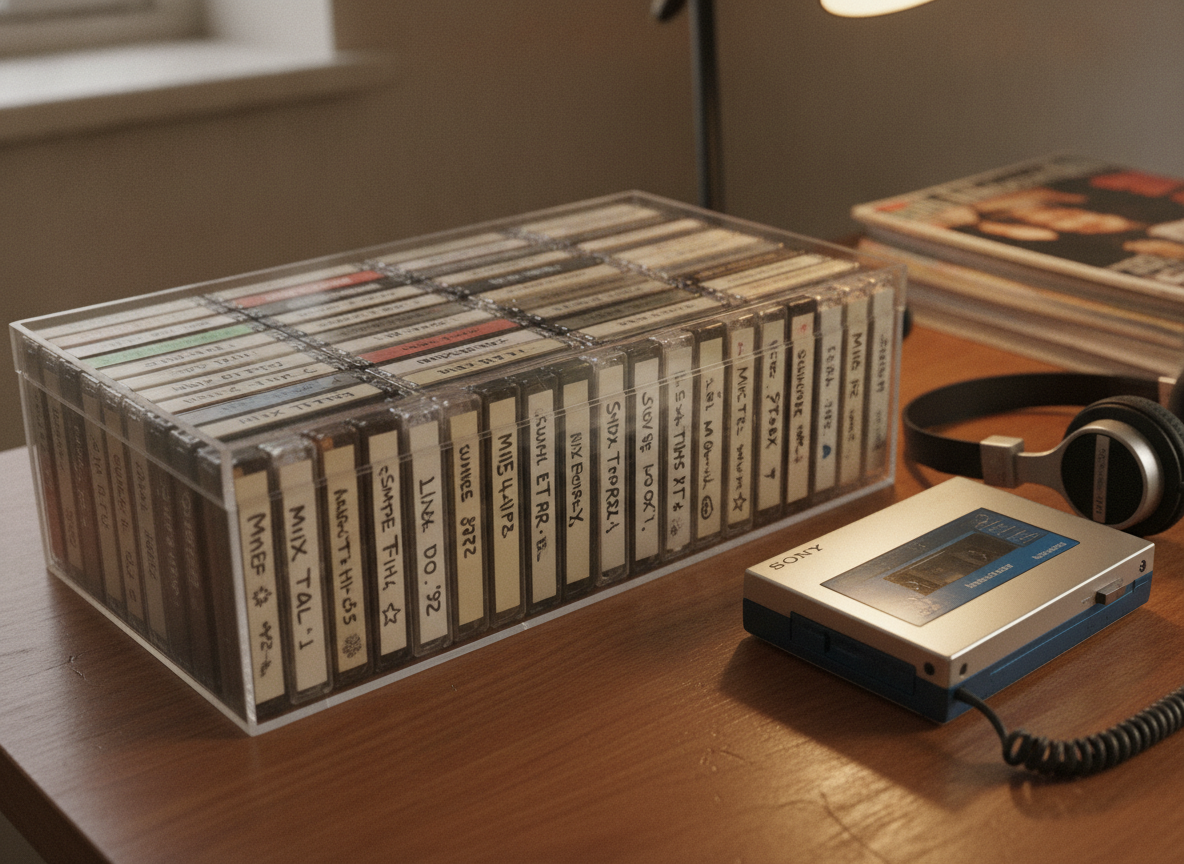 Casetes de música de distintos colores organizados en una caja, con un Walkman retro al lado.