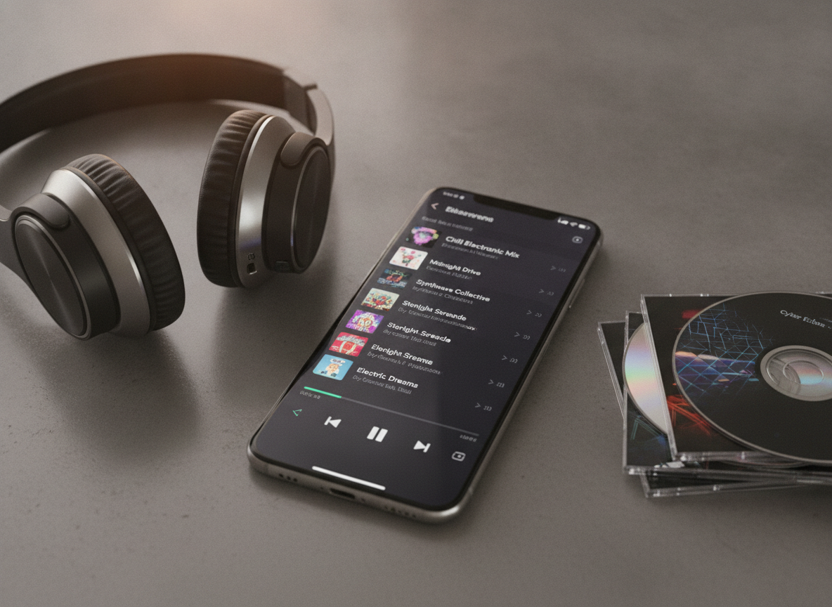 Una pantalla de smartphone con una aplicación de música en streaming, auriculares modernos y una pila de CDs.