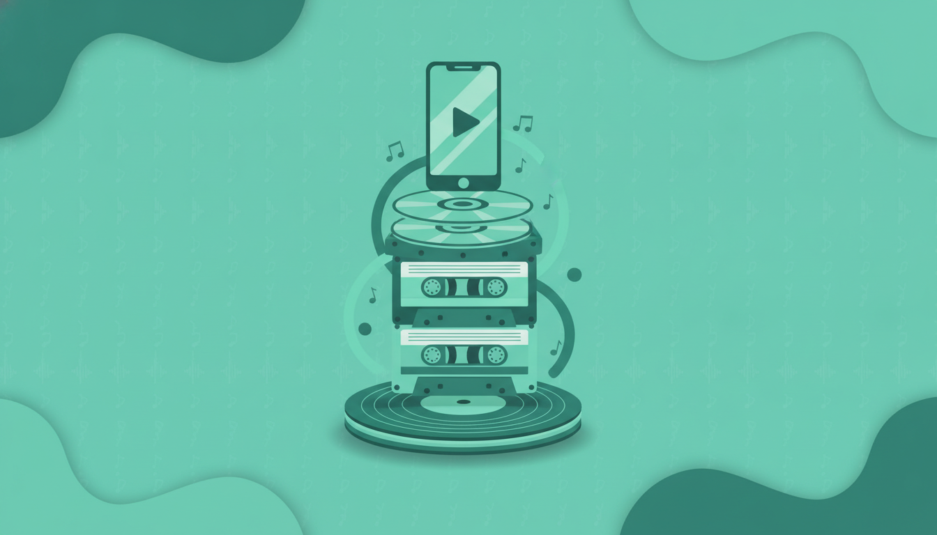 Ilustración vectorial que representa la evolución de los formatos de música, con vinilos, casetes, CDs y un móvil para streaming.