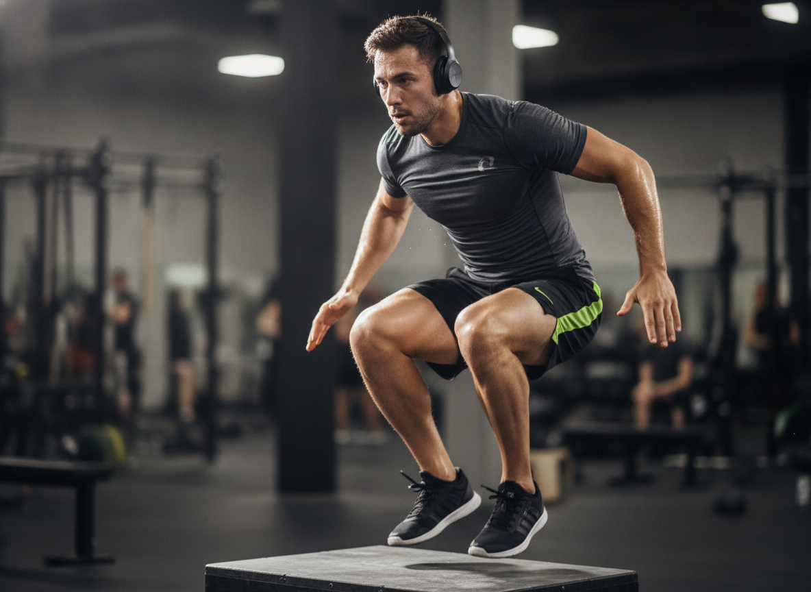 Una persona realizando ejercicio HIIT en un gimnasio, escuchando música con auriculares inalámbricos.