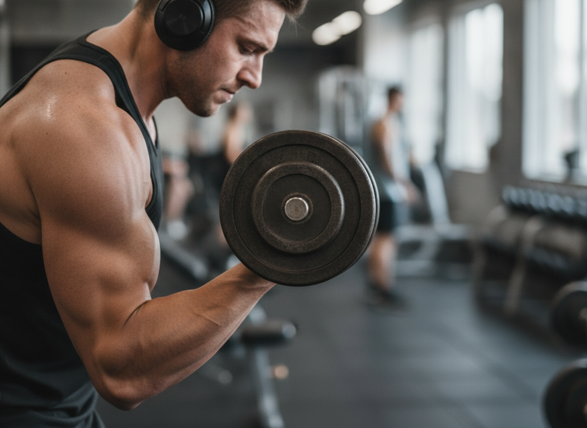 Una persona concentrada levantando pesas en el gimnasio, con auriculares, mostrando fuerza.