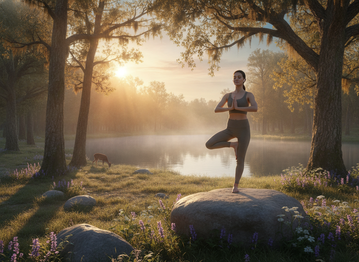 Una persona haciendo yoga al aire libre al amanecer, con auriculares, disfrutando de la naturaleza y la calma.