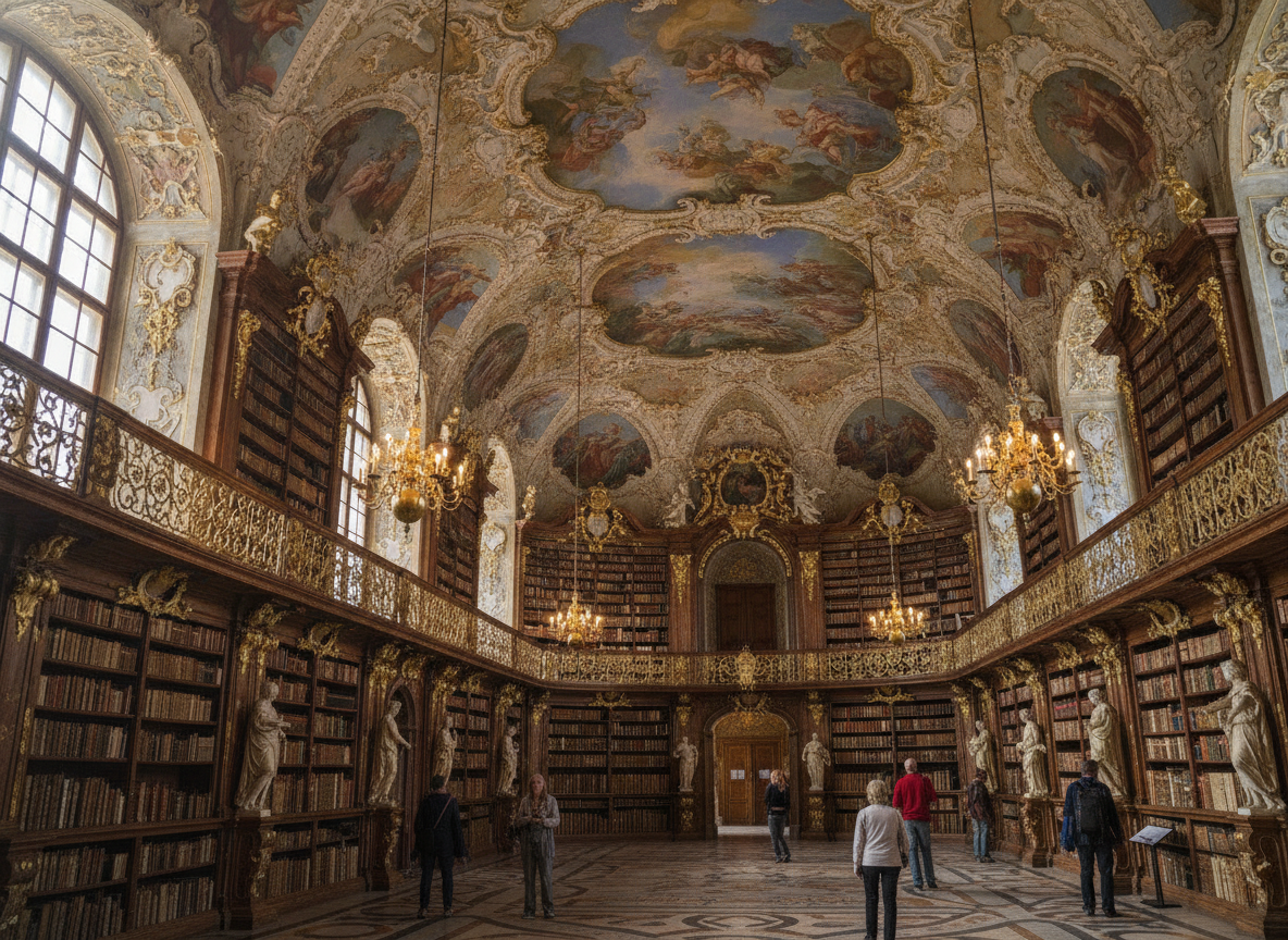 Vista detallada del interior barroco de la Biblioteca de la Abadía de Admont, Austria.