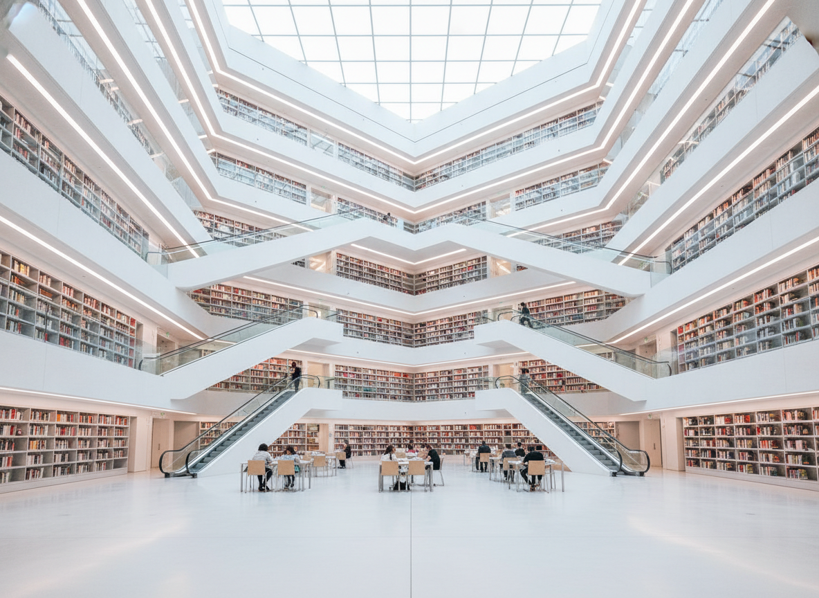 Arquitectura futurista del atrio principal de la Biblioteca Pública de Stuttgart, Alemania.