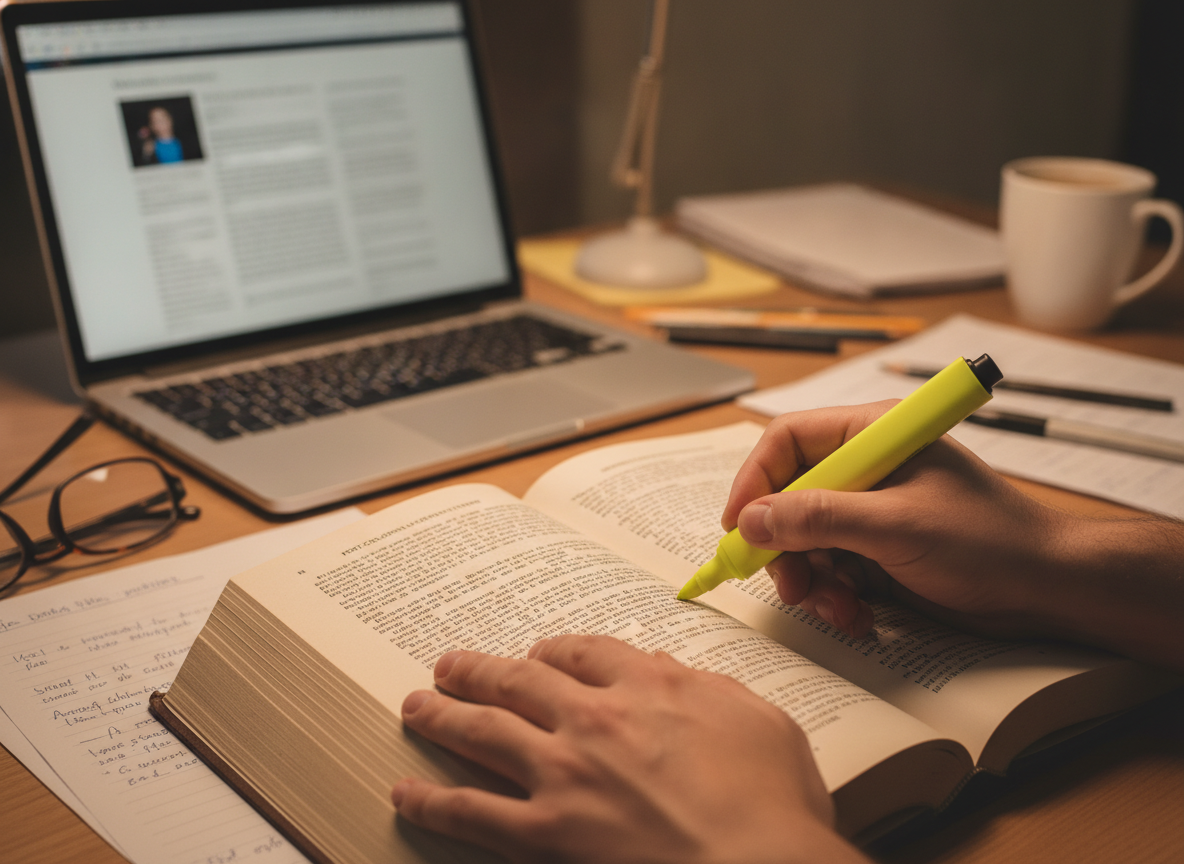 Manos de un estudiante subrayando pasajes importantes en un libro de texto.