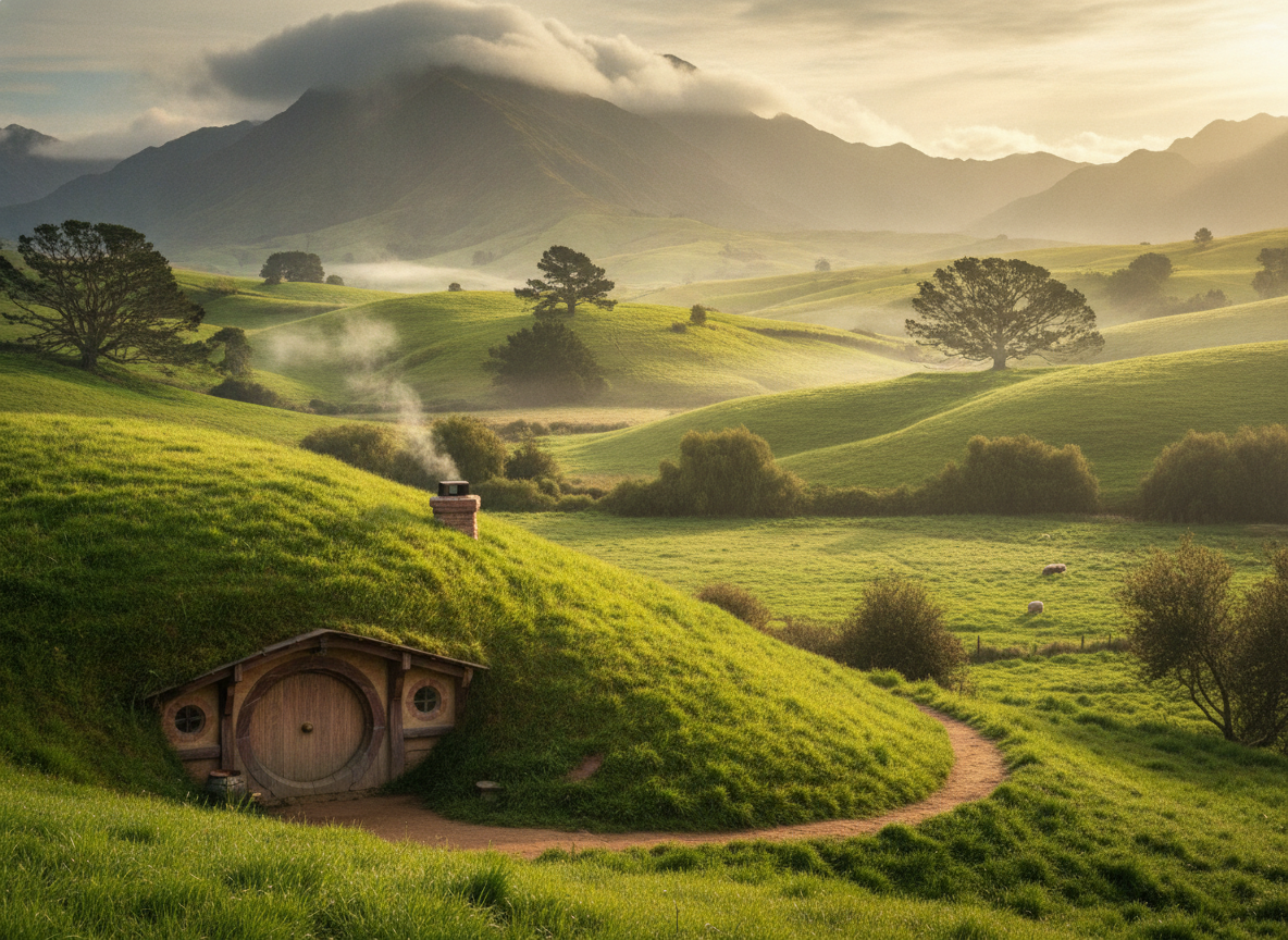 Paisaje impresionante de las colinas verdes de Nueva Zelanda con una casa hobbit, inspirando un viaje de fantasía.