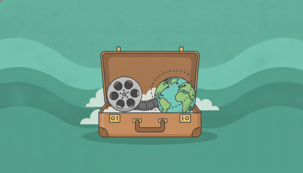 Ilustración de maleta abierta con globo y rollo de película, para las películas que te harán querer hacer la maleta y viajar.