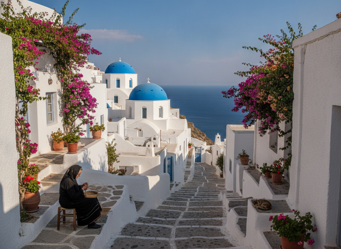 Pueblo idílico en una isla griega con casas blancas y cúpulas azules, invitando a unas vacaciones mediterráneas.