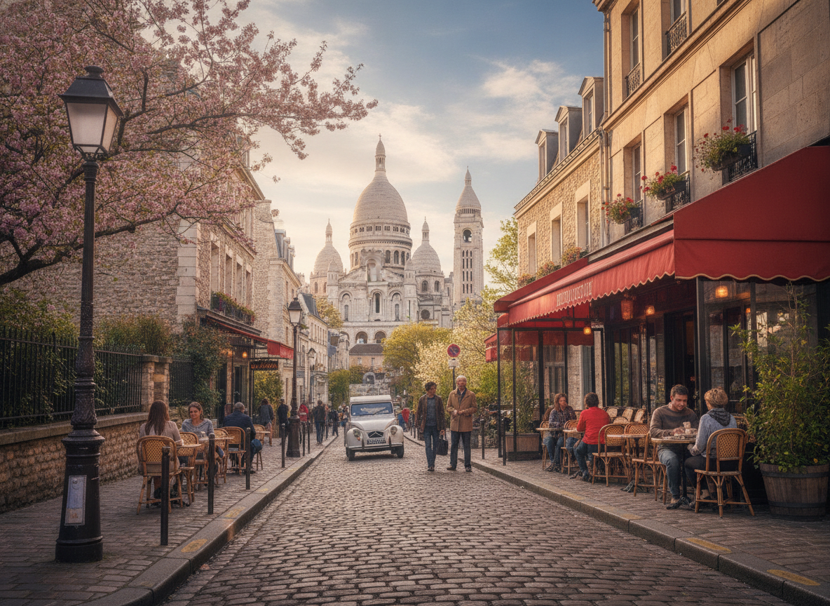 Encantadora calle de Montmartre, París, con un café típico y la Basílica del Sacré-Cœur al fondo.