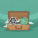 Ilustración de maleta abierta con globo y rollo de película, para las películas que te harán querer hacer la maleta y viajar.