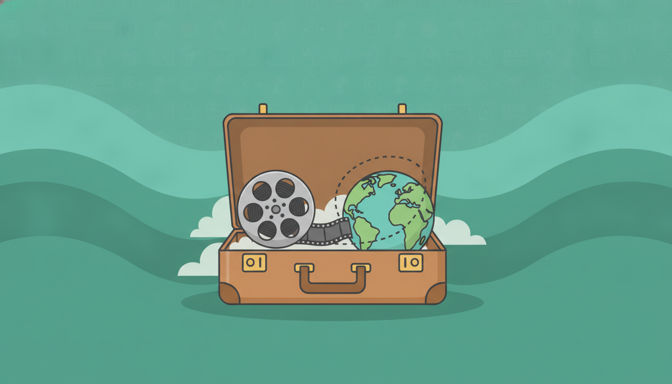 Ilustración de maleta abierta con globo y rollo de película, para las películas que te harán querer hacer la maleta y viajar.