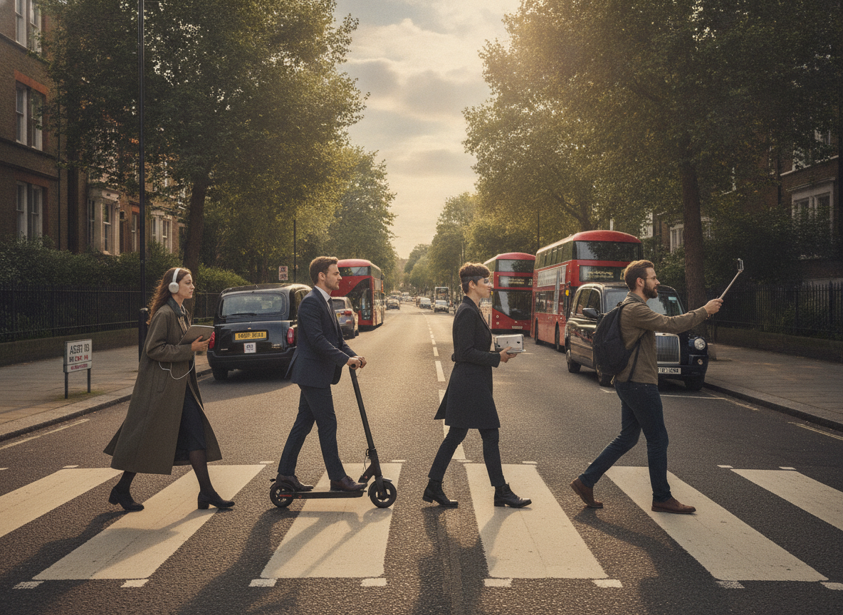 Una escena de cuatro personas cruzando un paso de cebra, evocando la icónica portada de Abbey Road.
