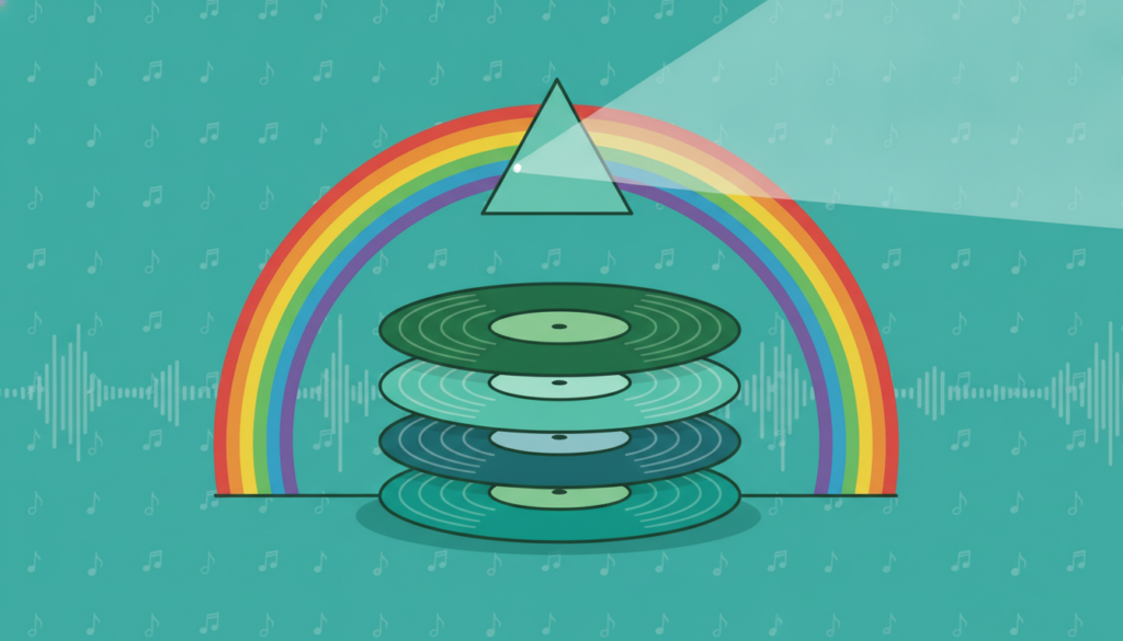 Ilustración de una pila de vinilos y un prisma refractando luz, representando las portadas de discos más icónicas.