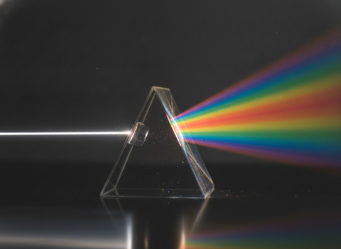 Un prisma de cristal refractando un haz de luz blanca en un espectro de colores vibrantes.
